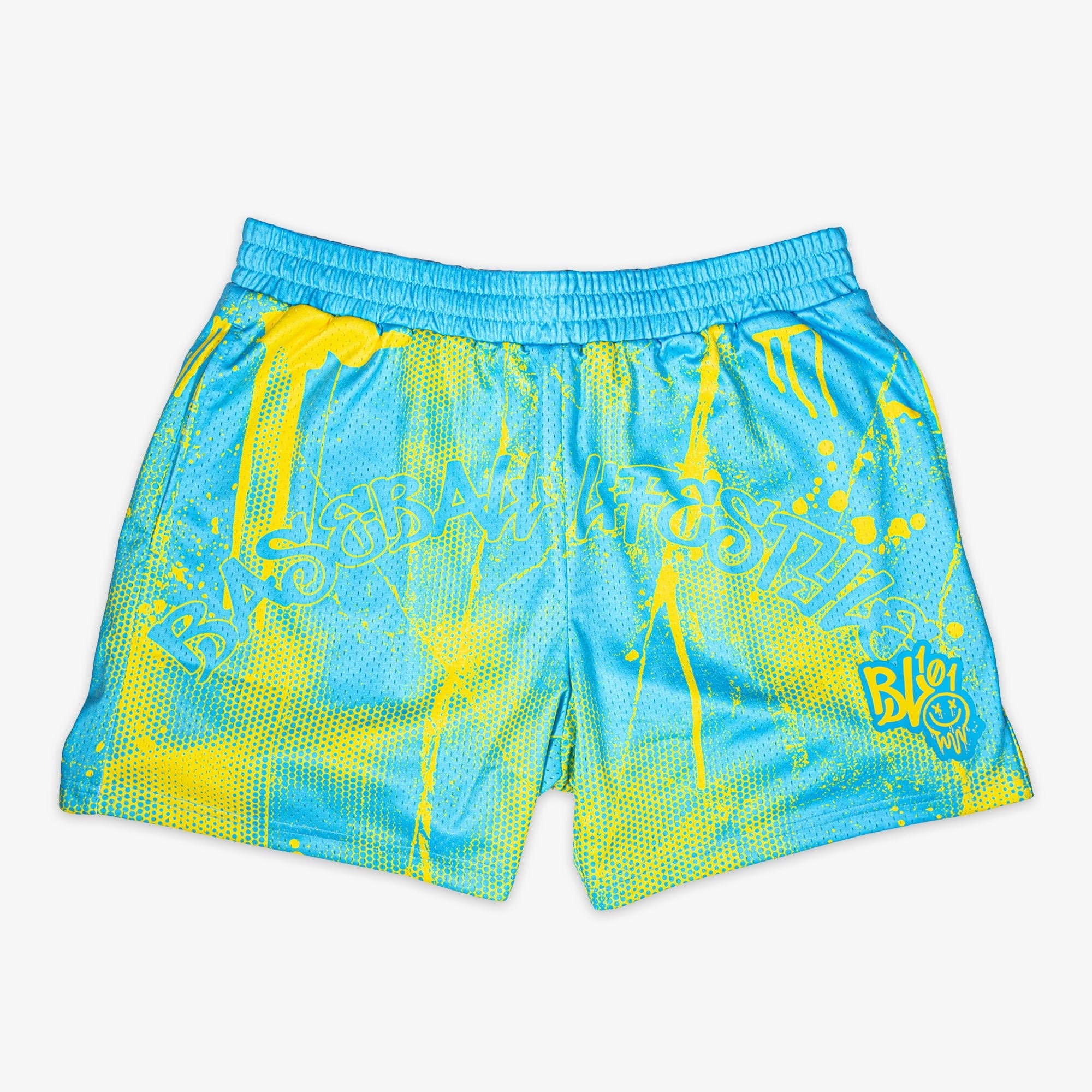 Retro Graffiti Mesh Shorts - Blue/Yellow Athletic Streetwear