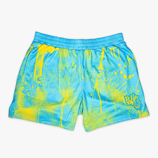 Retro Graffiti Mesh Shorts - Blue/Yellow Athletic Streetwear