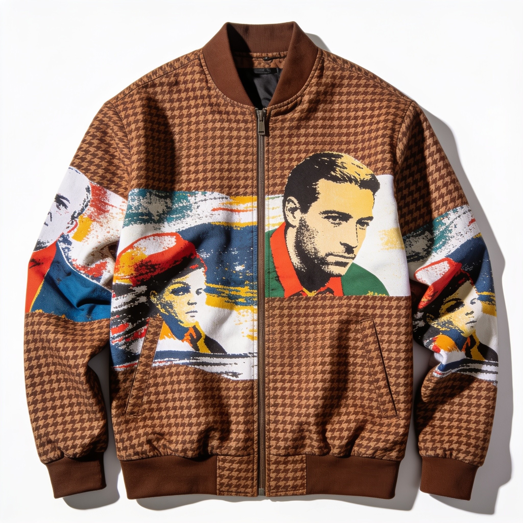 Brown Houndstooth Pattern Print Men's Bomber Jacket