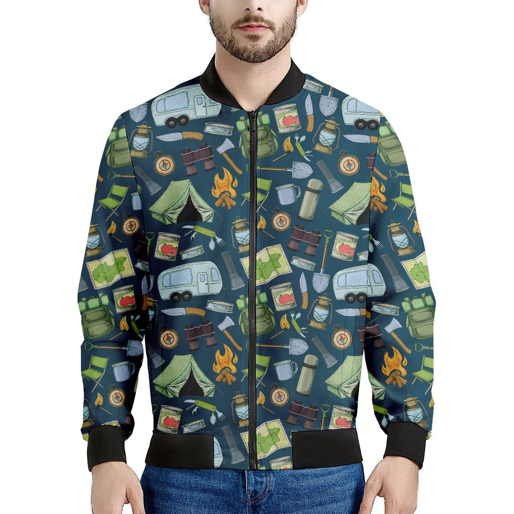 Camping Equipment Pattern Print Men's Bomber Jacket - Premium Polyester Blend