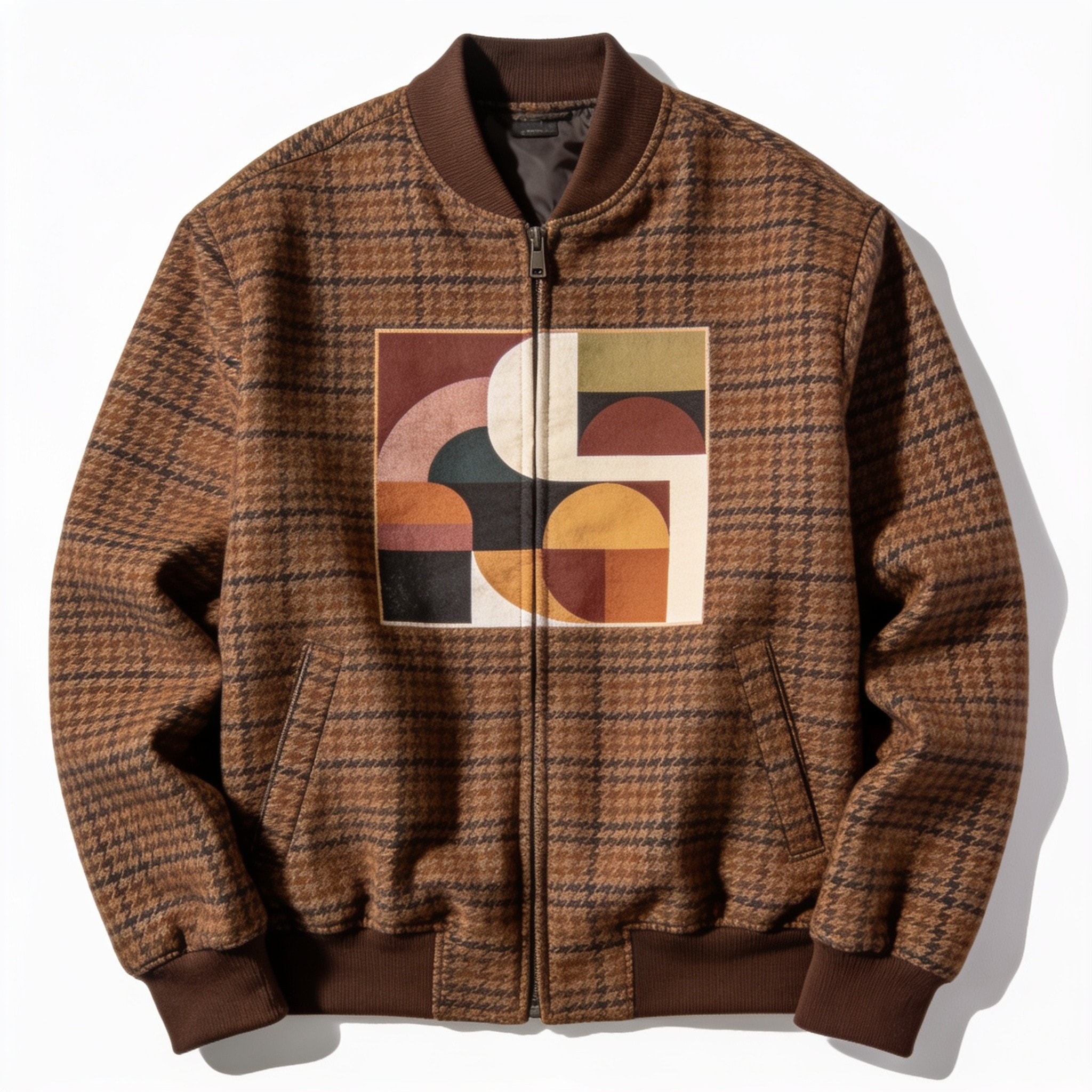 Brown Prince of Wales Check Print Men's Bomber Jacket