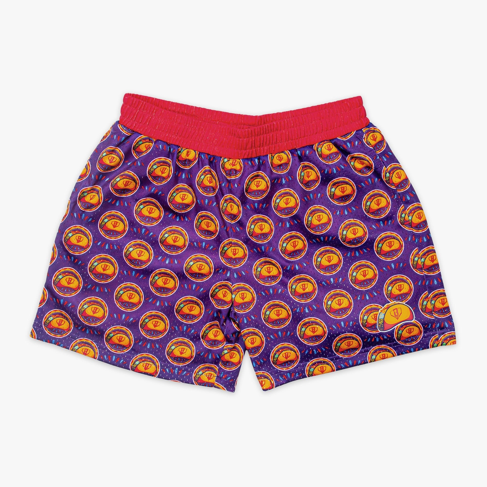Home Plate Heat Shorts - Purple Red Taco Pattern Mesh Athletic Shorts