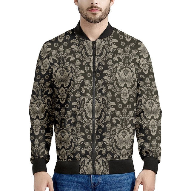Brown Damask Pattern Print Men's Bomber Jacket - Premium Polyester Blend