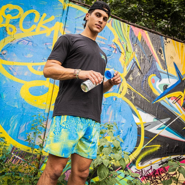 Retro Graffiti Mesh Shorts - Blue/Yellow Athletic Streetwear