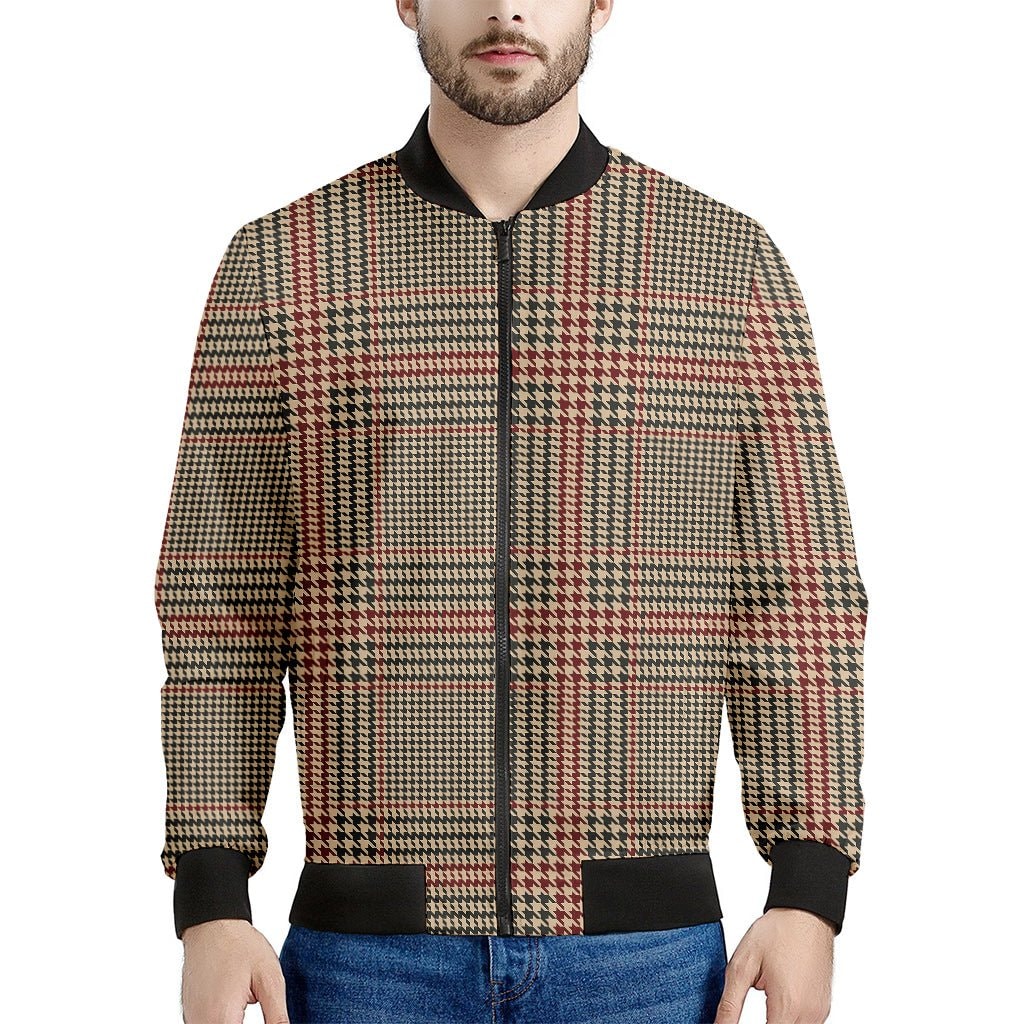 Brown Beige Red Glen Plaid Print Men's Bomber Jacket