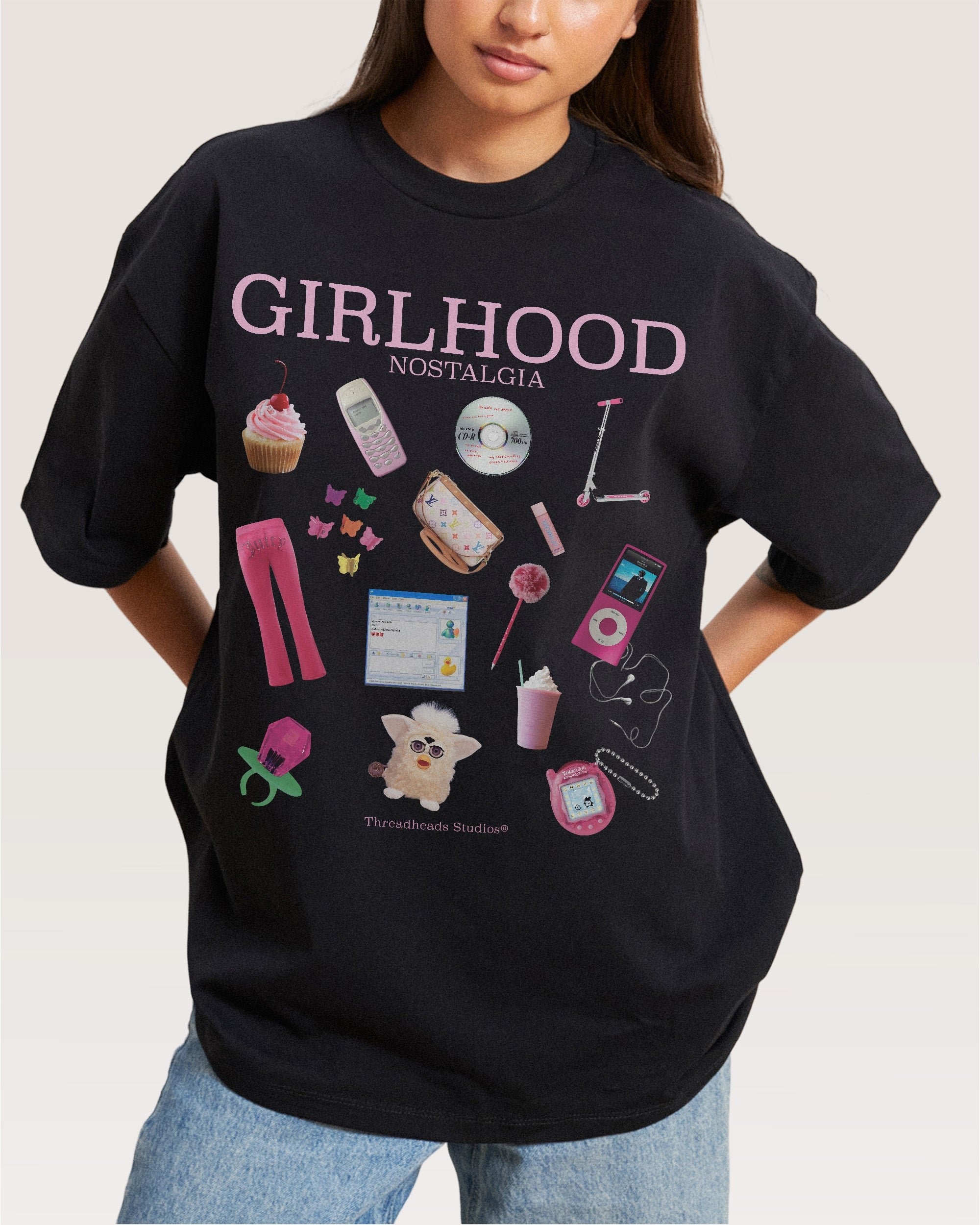Girlhood Nostalgia Oversized Graphic Tee - 90s Boxy Fit Heavyweight Cotton