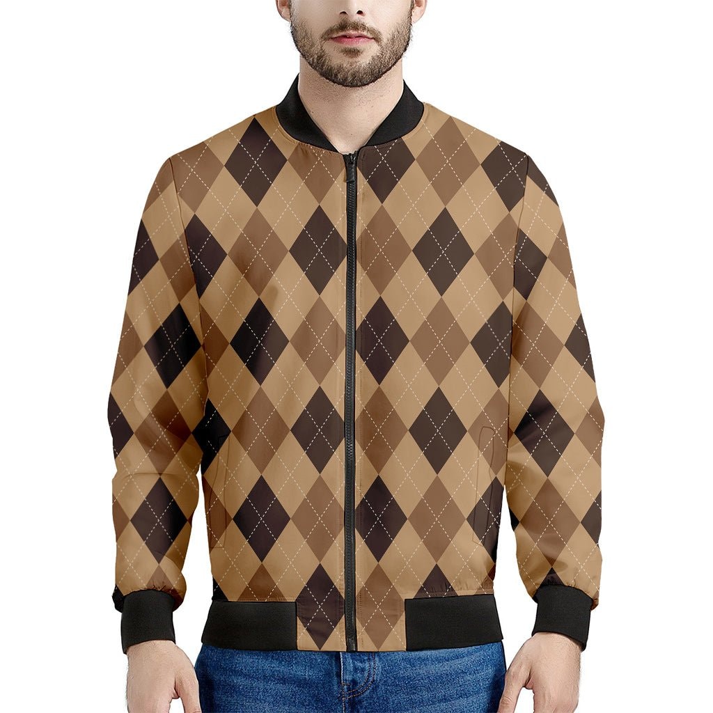 Brown Argyle Pattern Print Men's Bomber Jacket - Premium Polyester Blend