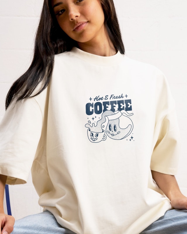 Hot & Fresh Coffee Oversized Graphic Tee - Unisex 90s Boxy Fit 100% Combed Cotton