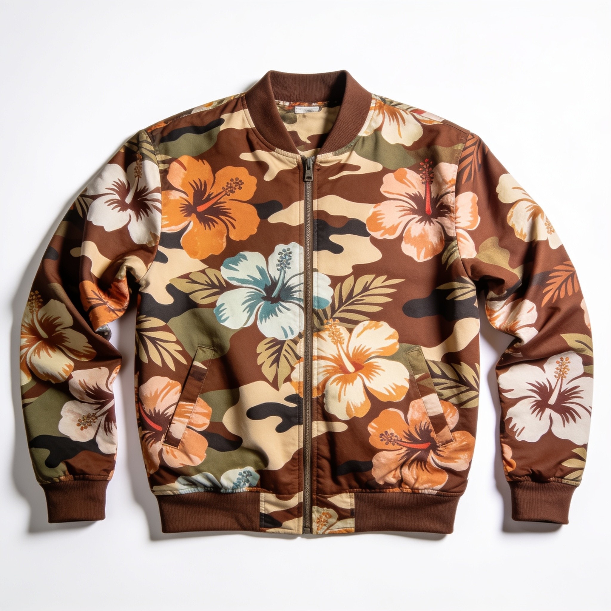 Brown Hawaiian Camo Flower Pattern Print Men's Bomber Jacket