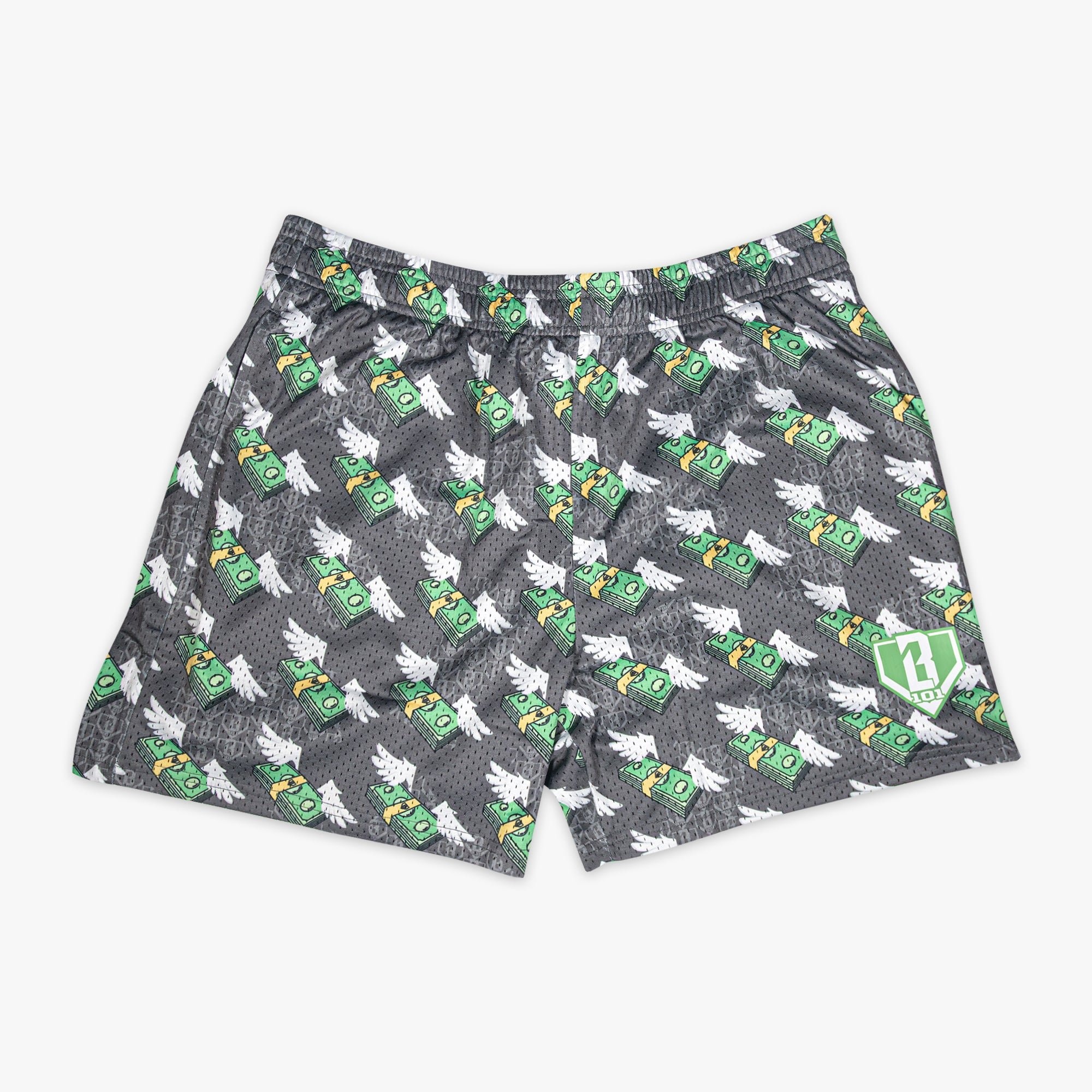 Brick by Brick Mesh Shorts - Flying Money Stack Allover Print