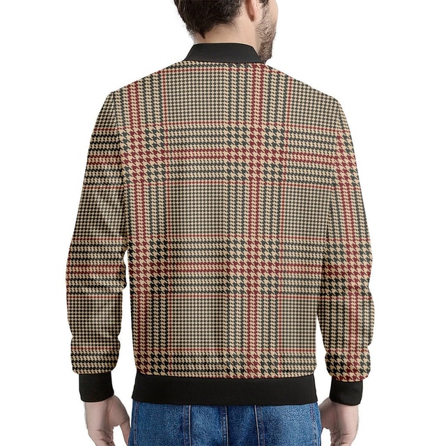 Brown Beige Red Glen Plaid Print Men's Bomber Jacket