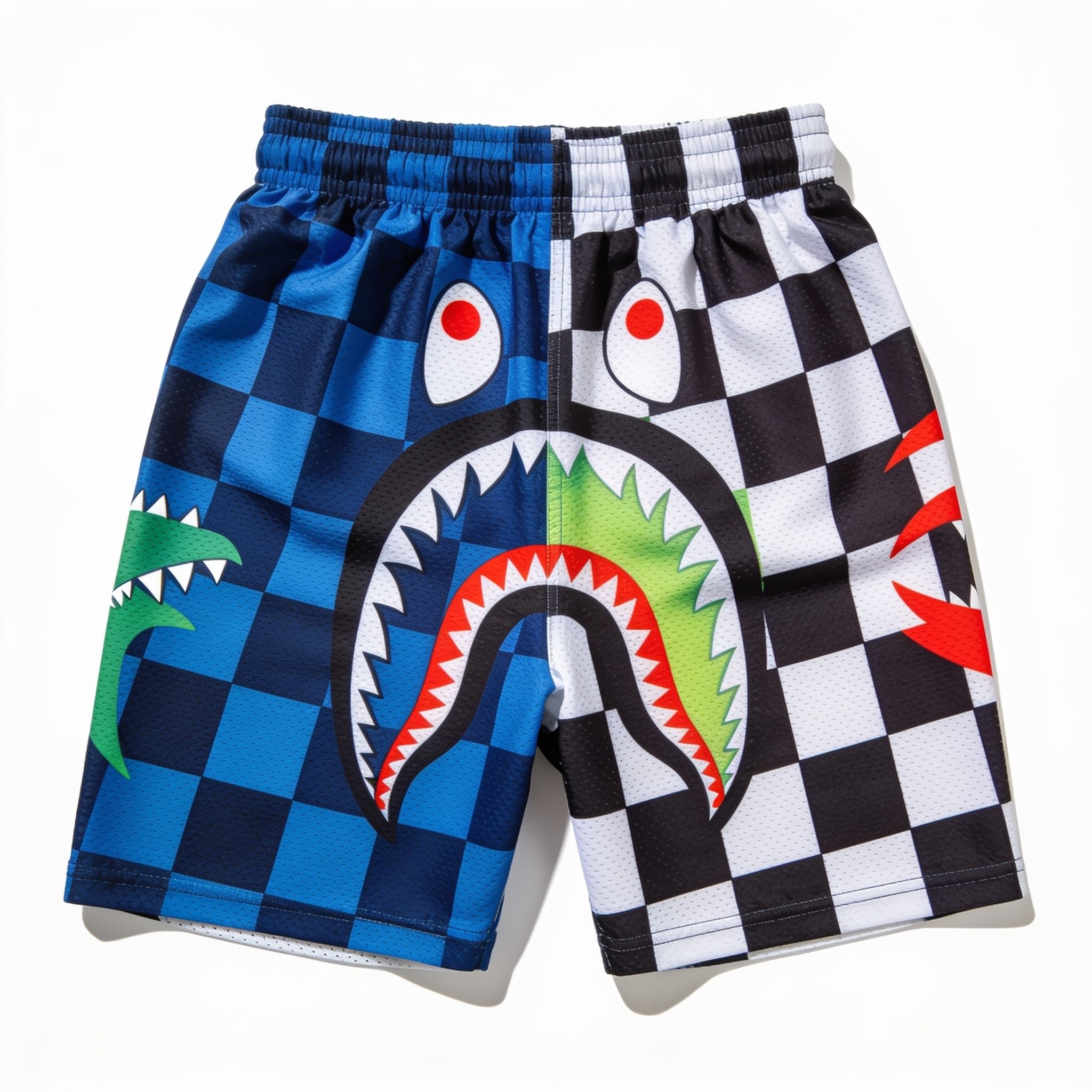 Unit 101 Mesh Shorts - Shark Teeth Graphics, Checkered Pattern, 5" Inseam