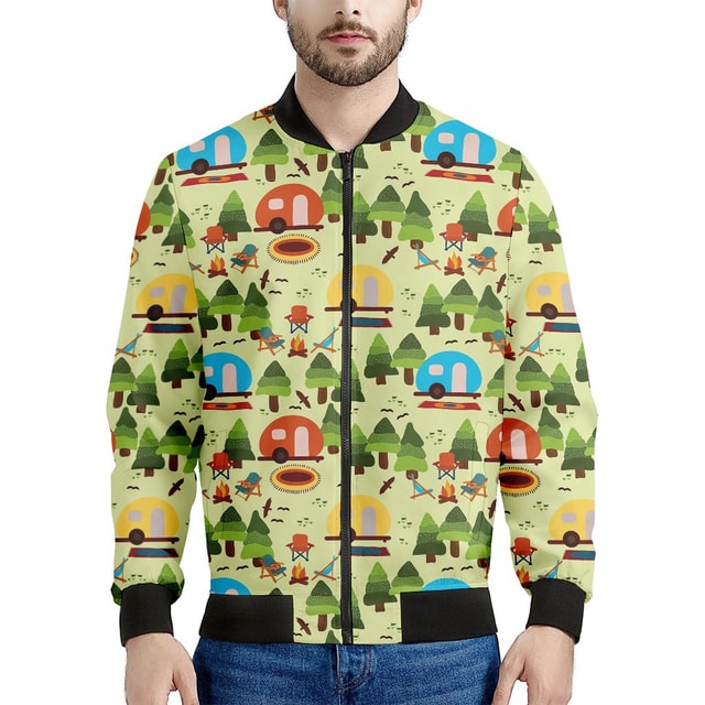 Camping Picnic Pattern Print Men's Bomber Jacket - Premium Polyester Blend