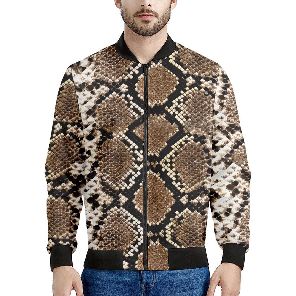 Brown Python Snakeskin Print Men's Bomber Jacket - Premium Polyester Blend