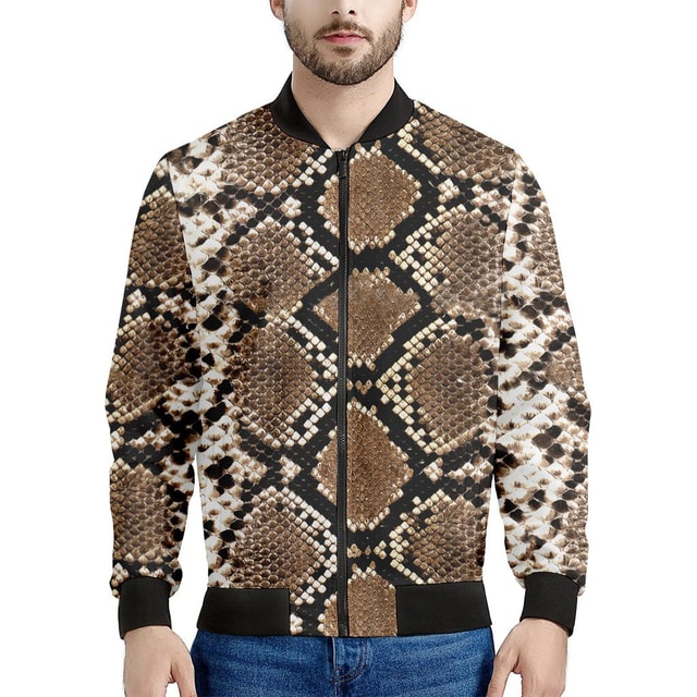 Brown Python Snakeskin Print Men's Bomber Jacket - Premium Polyester Blend