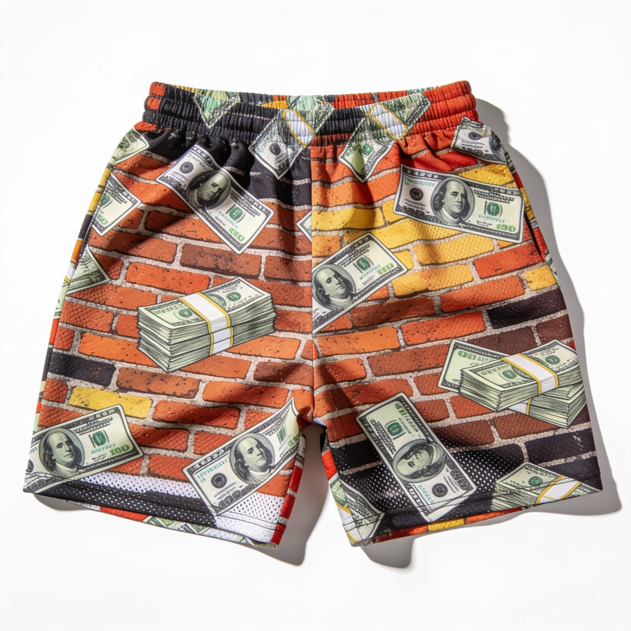 Brick by Brick Mesh Shorts - Flying Money Stack Allover Print