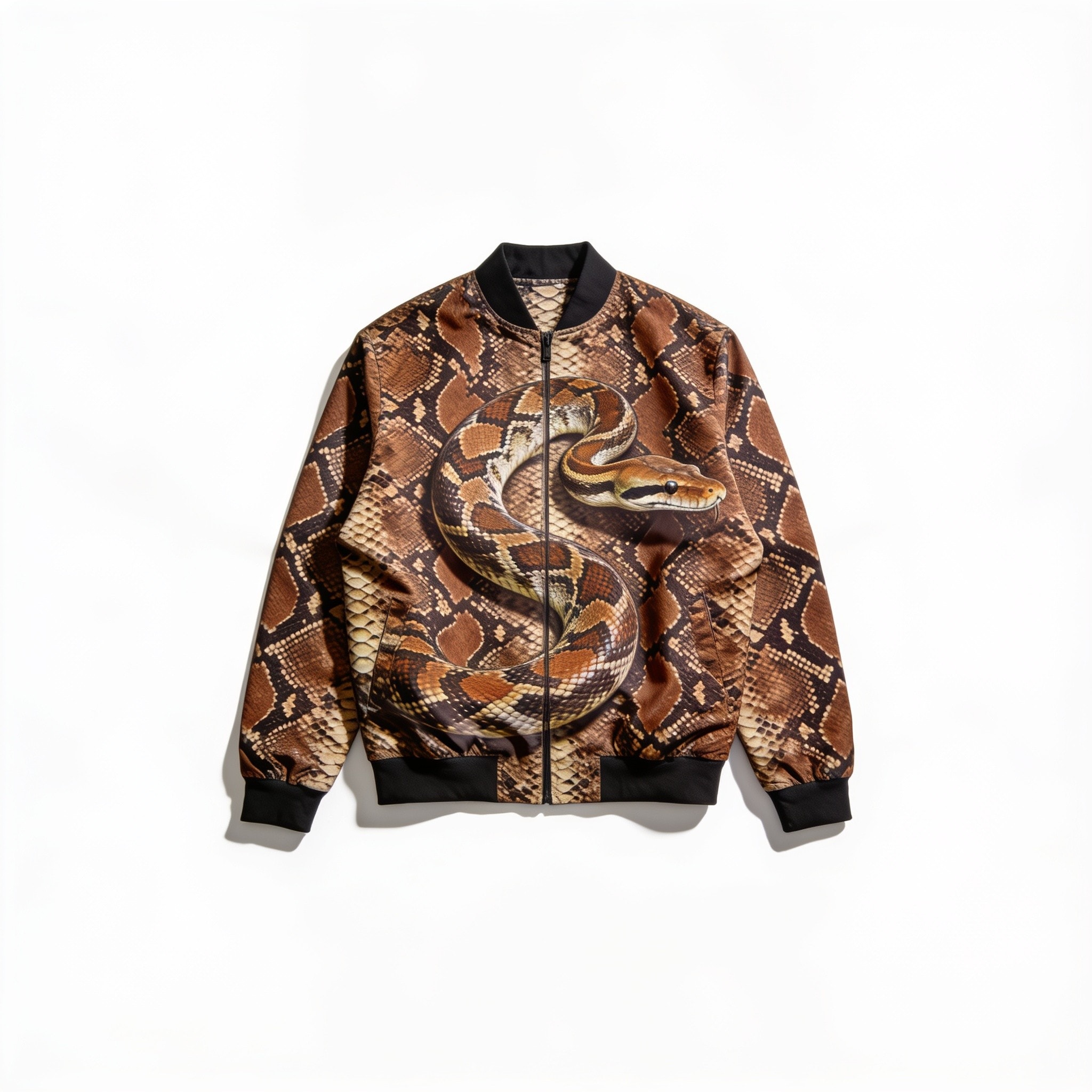 Brown Python Snakeskin Print Men's Bomber Jacket - Premium Polyester Blend