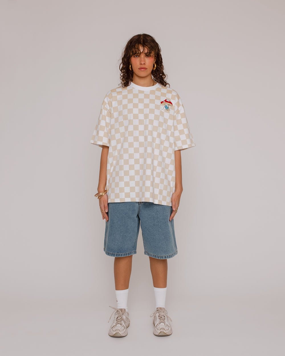 Smurf Check Oversized Graphic Tee - Unisex 90s Boxy Fit 100% Combed Cotton