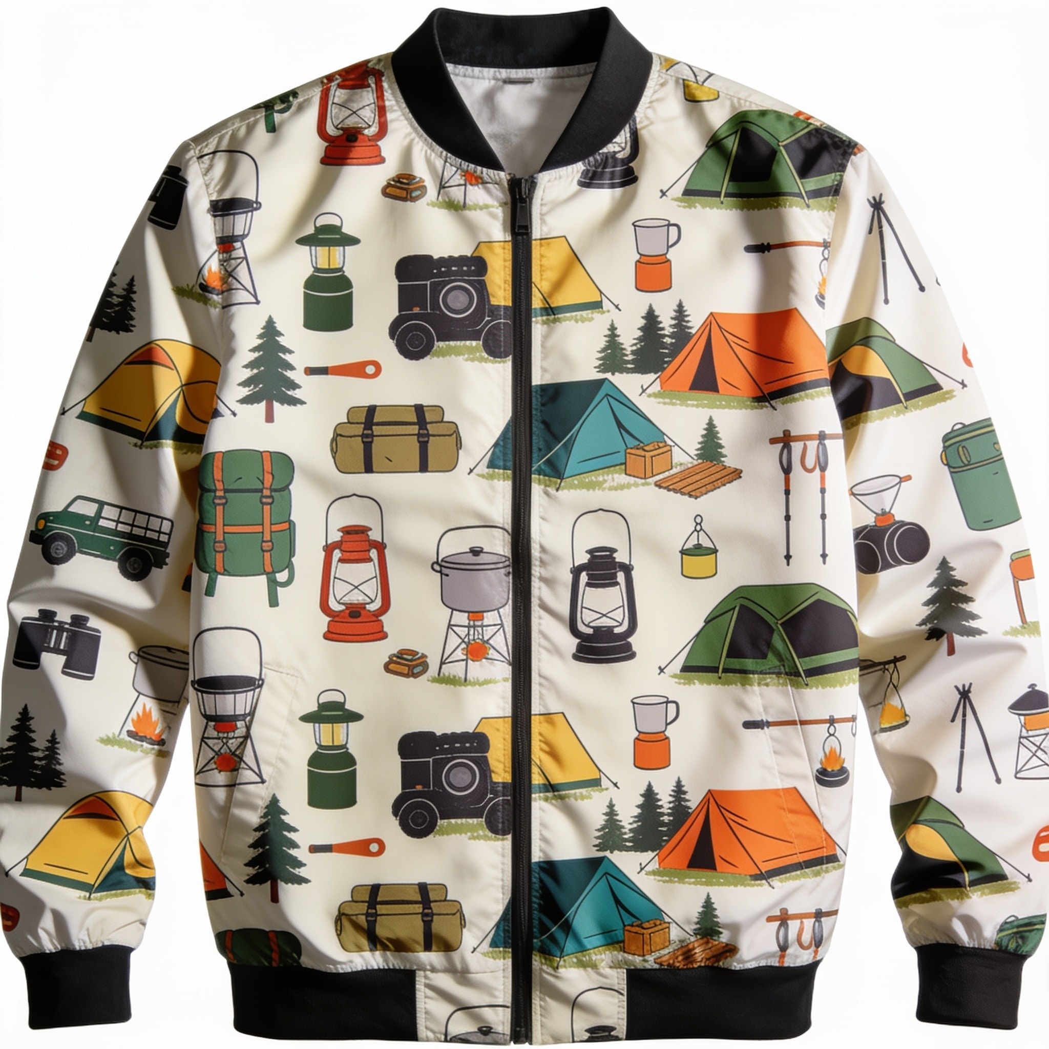Camping Equipment Pattern Print Men's Bomber Jacket - Premium Polyester Blend