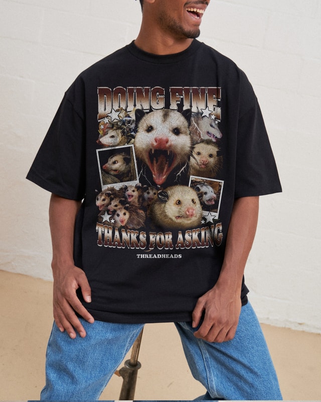 Doing Fine Opossum Oversized Graphic Tee - Unisex 100% Combed Cotton Heavyweight