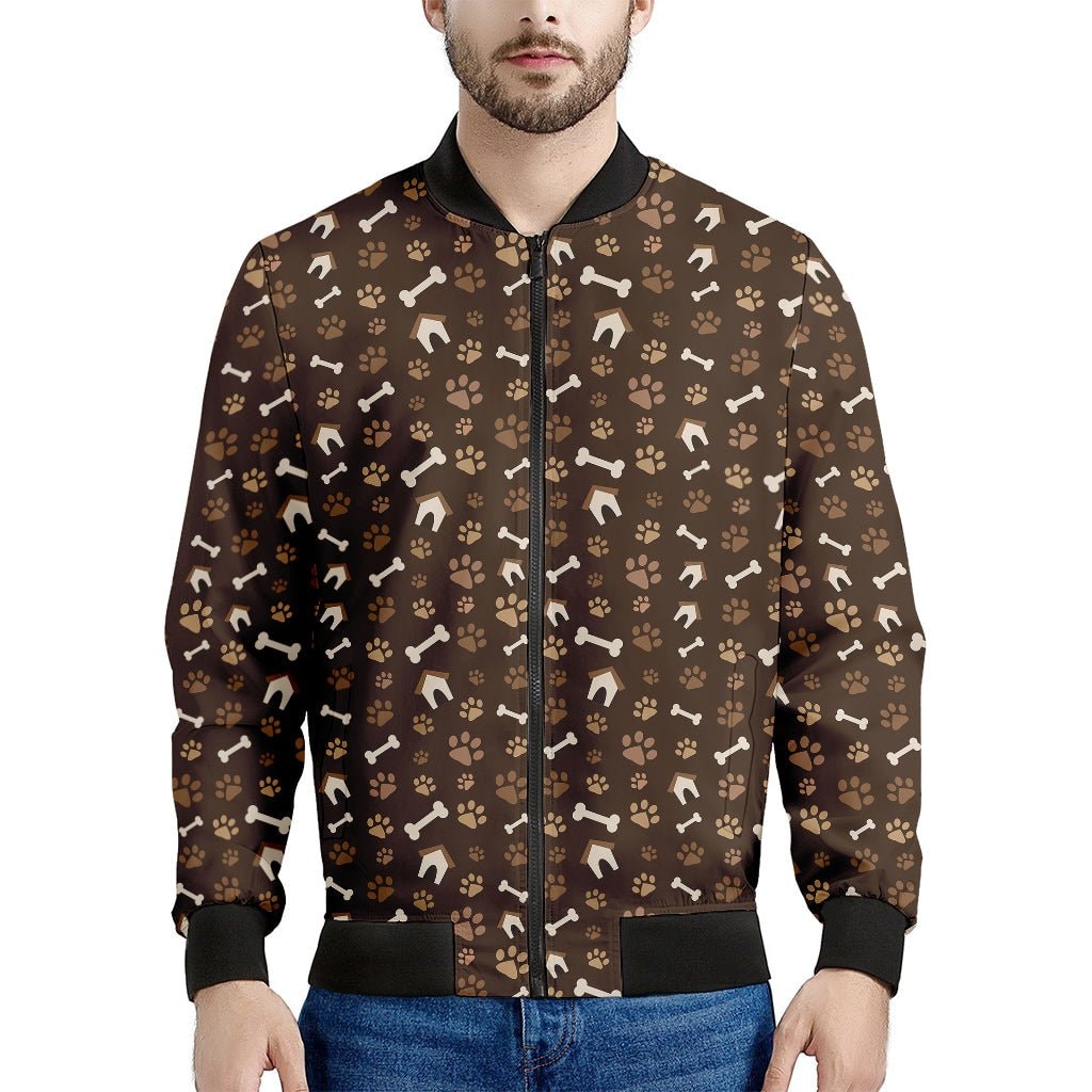 Brown Paw and Bone Pattern Print Men's Bomber Jacket