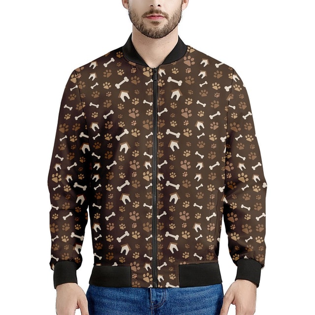 Brown Paw and Bone Pattern Print Men's Bomber Jacket