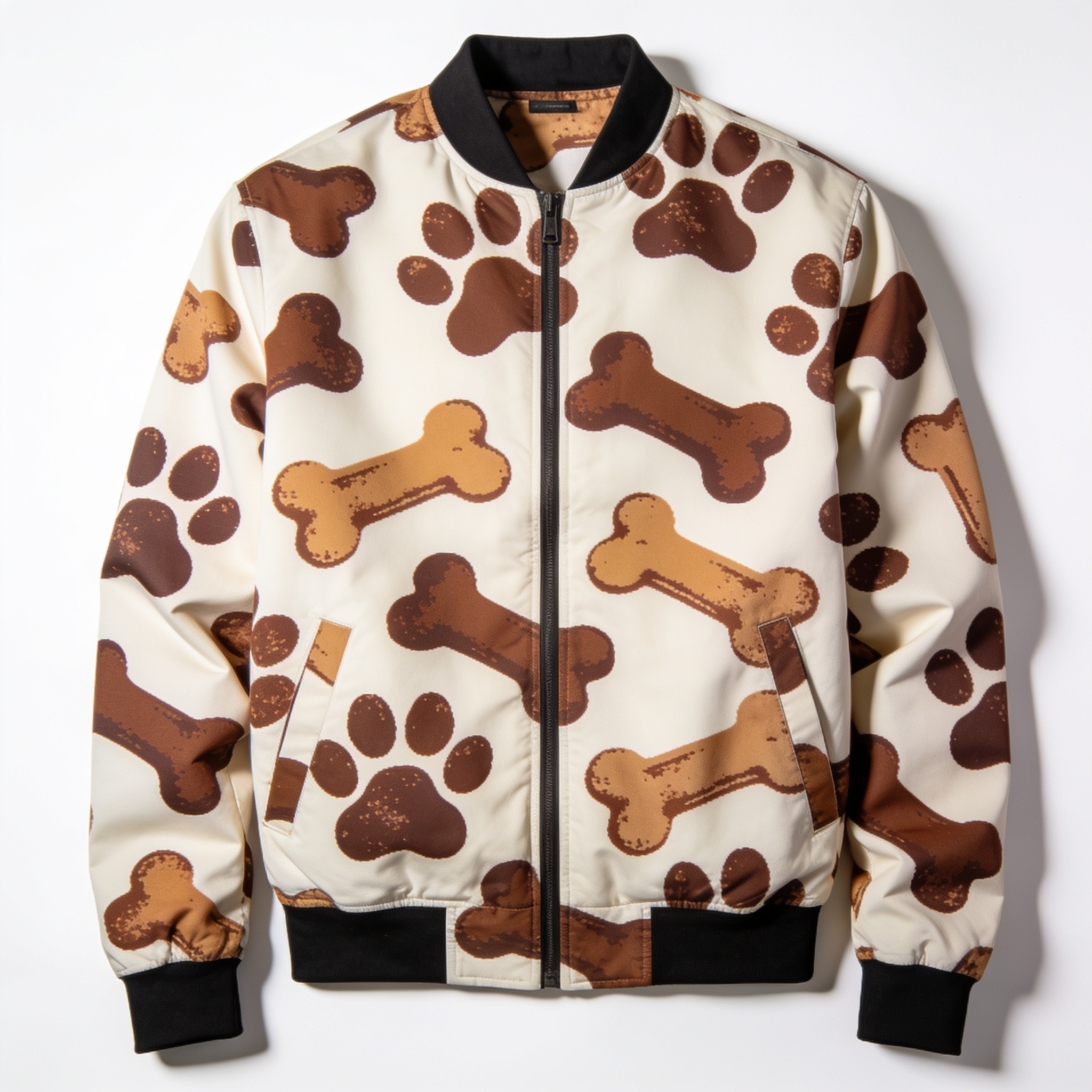 Brown Paw and Bone Pattern Print Men's Bomber Jacket