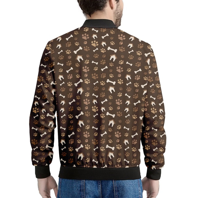 Brown Paw and Bone Pattern Print Men's Bomber Jacket