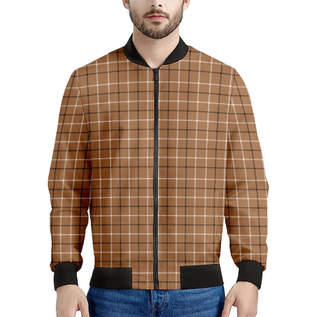 Brown Tattersall Pattern Print Men's Bomber Jacket - Premium Polyester Blend
