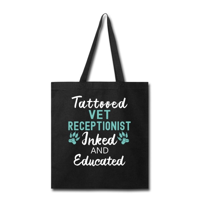 Inked and Educated Vet Receptionist Tote Bag - Funny Graphic Print Canvas Shoulder Bag