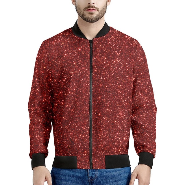 Burgundy Glitter Print Men's Bomber Jacket - Premium Polyester Blend