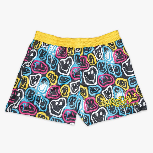 Smiley Slugger Mesh Shorts - Allover Pattern, Side Pockets, 100% Polyester