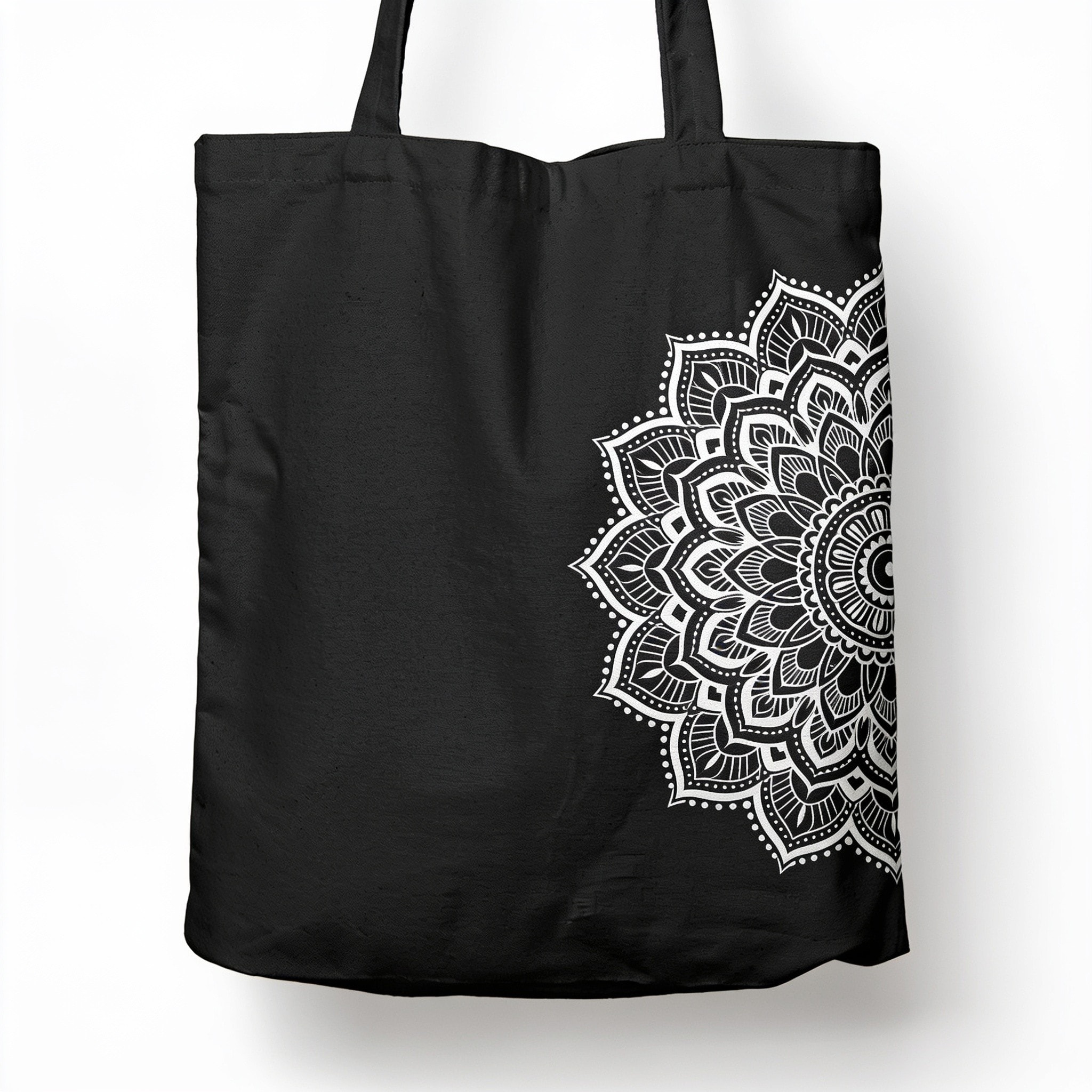 White and Black Mandala Print Tote Bag - Polyester Double-Sided Handcrafted