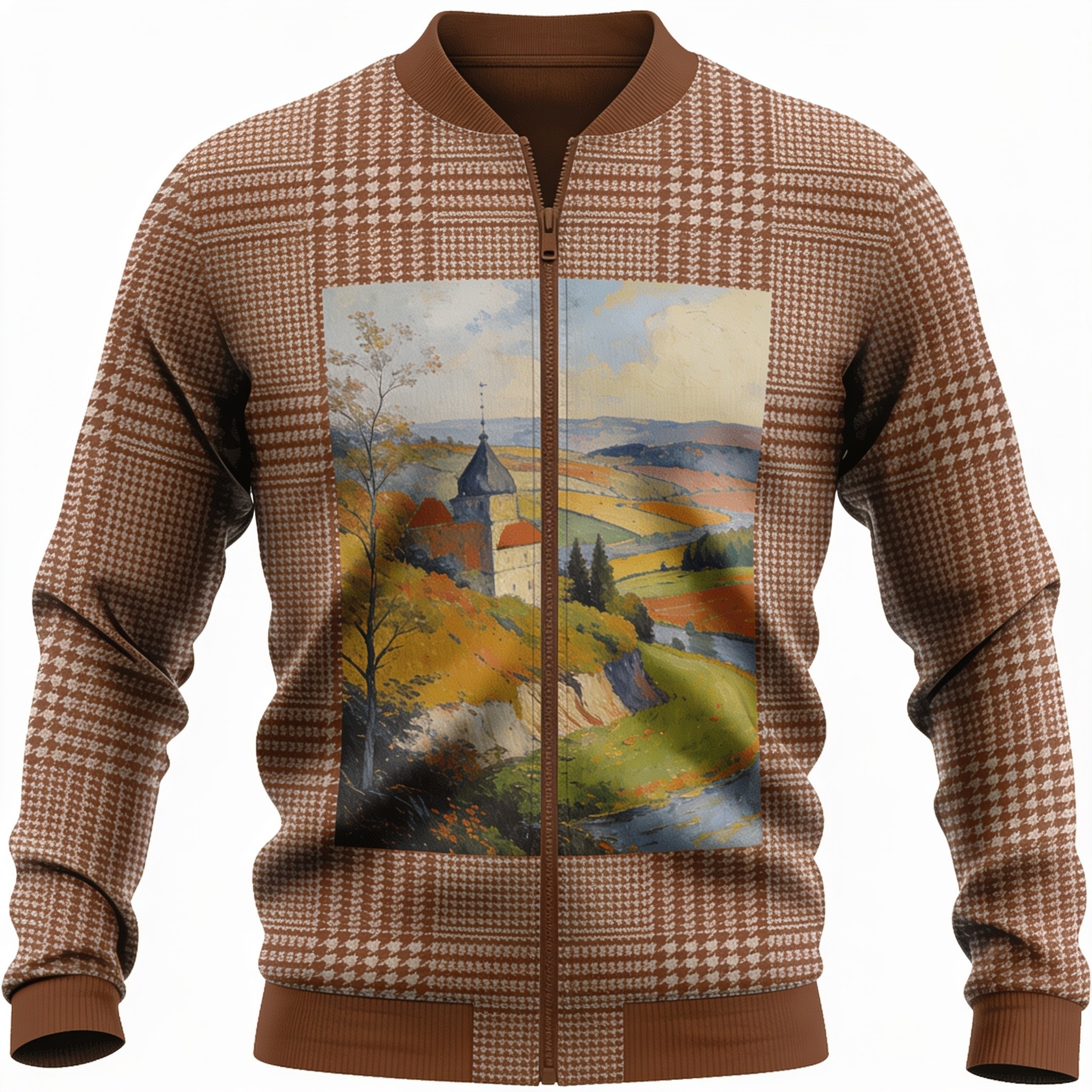 Brown Tattersall Pattern Print Men's Bomber Jacket - Premium Polyester Blend
