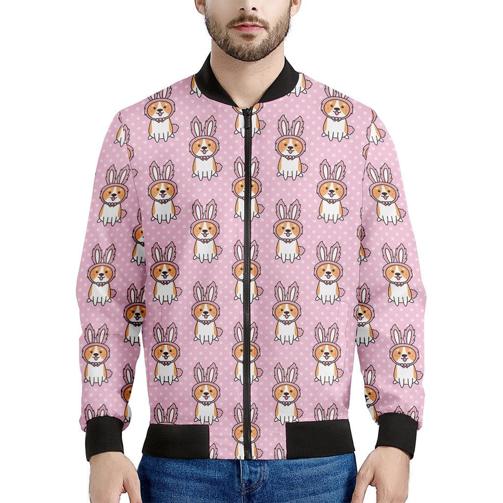 Bunny Corgi Pattern Print Men's Bomber Jacket - Premium Polyester Blend
