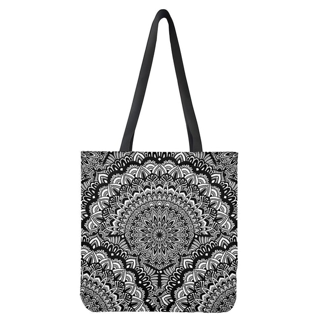 White and Black Mandala Print Tote Bag - Polyester Double-Sided Handcrafted