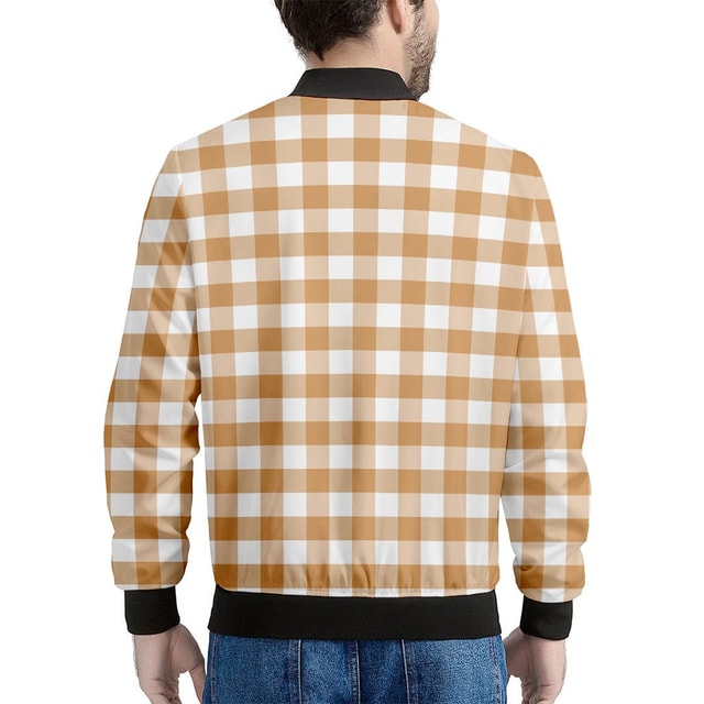 Brown and White Gingham Pattern Print Men's Bomber Jacket