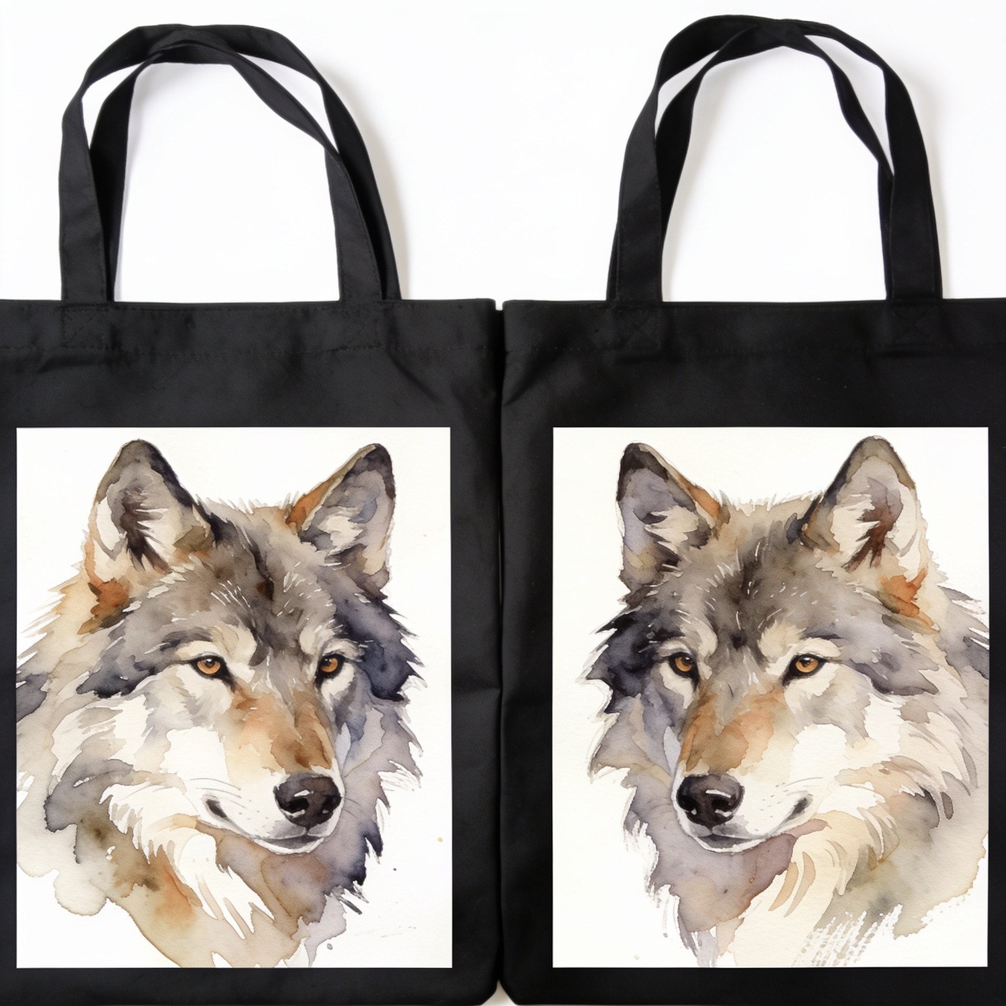 Watercolor Wolf Portrait Print Tote Bag - Polyester Double-Sided Print