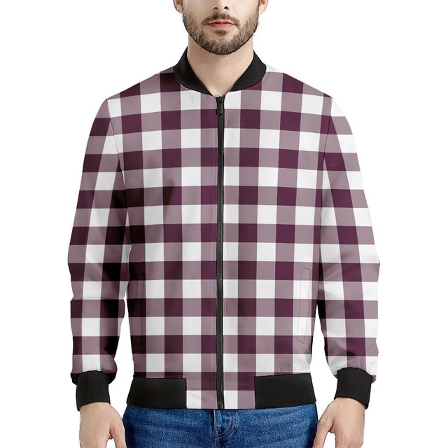 Burgundy and White Check Pattern Print Men's Bomber Jacket