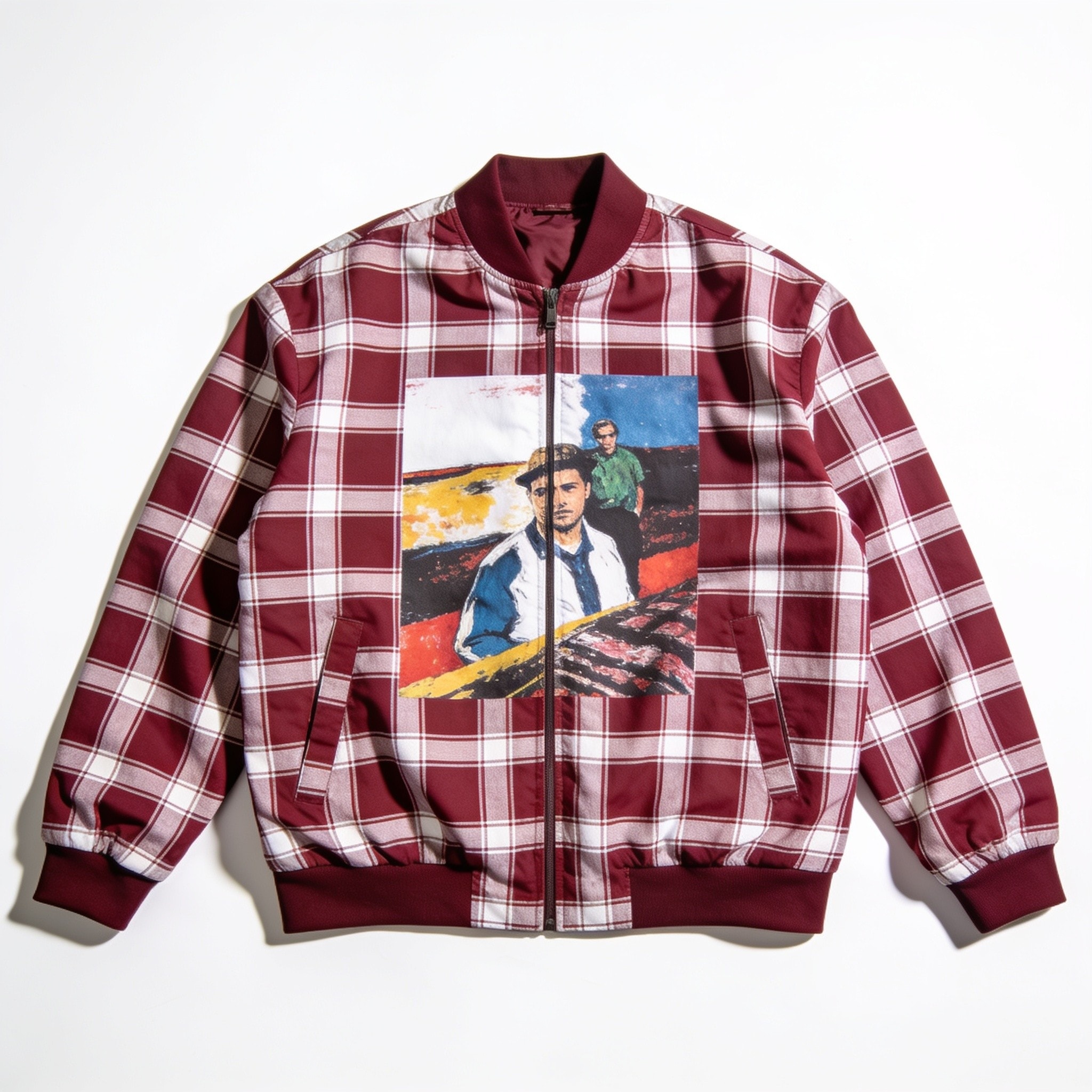 Burgundy and White Check Pattern Print Men's Bomber Jacket