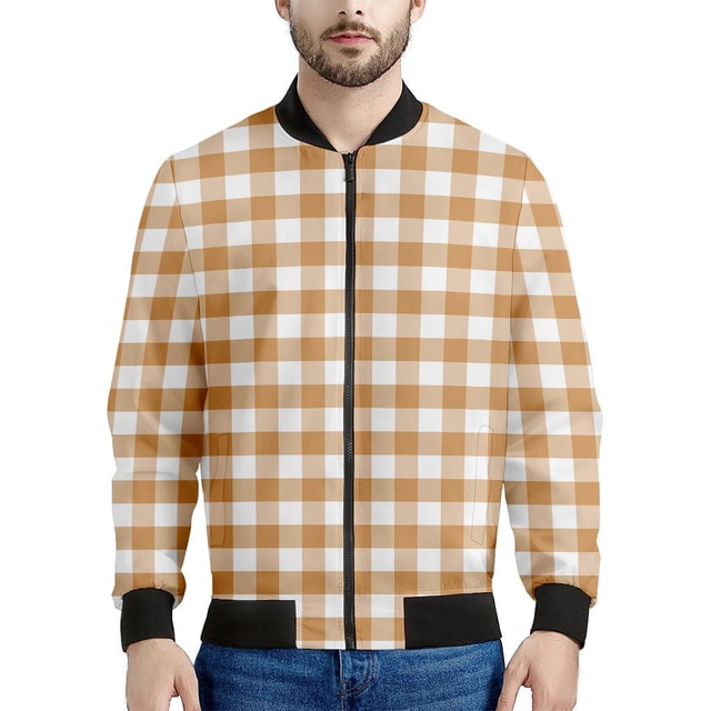 Brown and White Gingham Pattern Print Men's Bomber Jacket