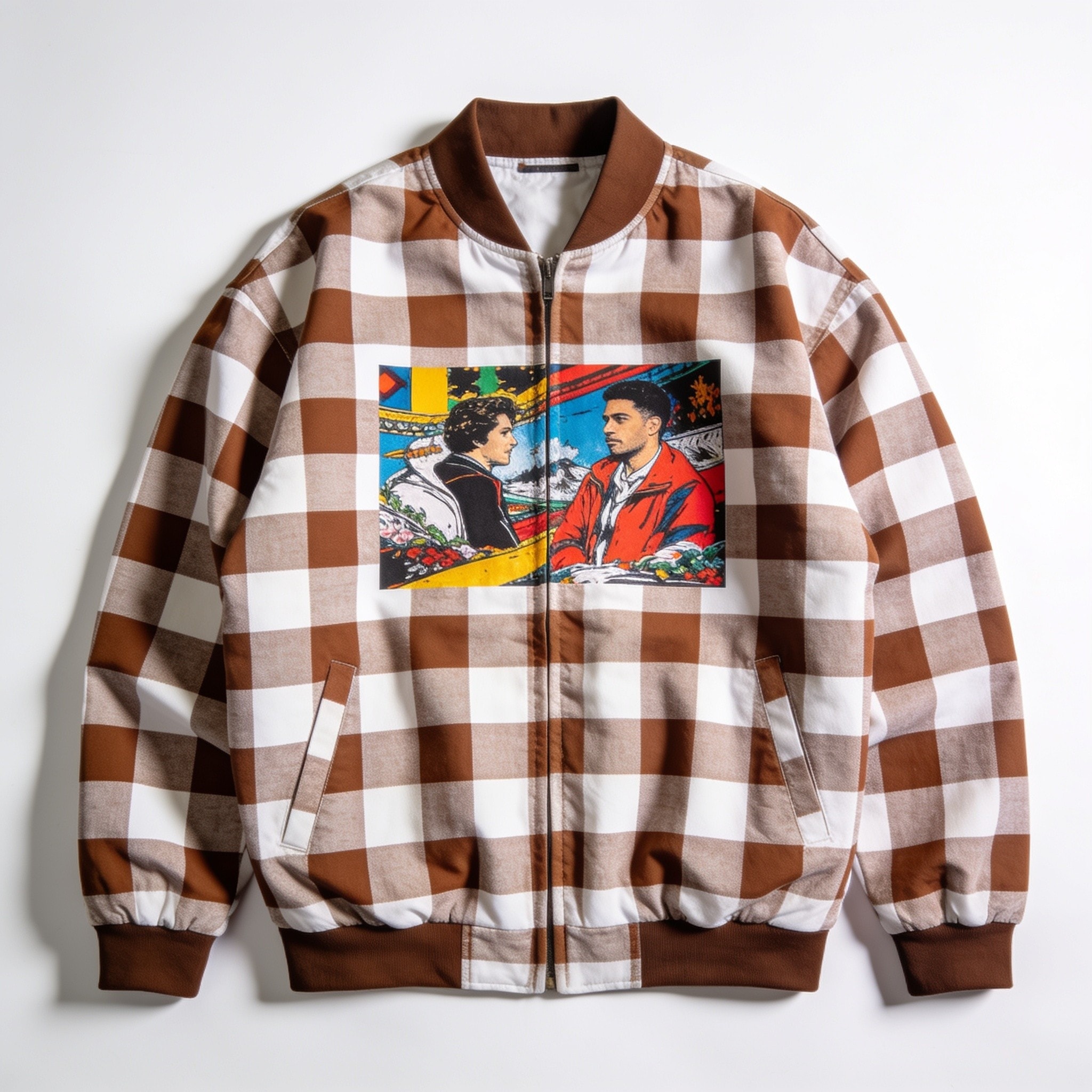 Brown and White Gingham Pattern Print Men's Bomber Jacket