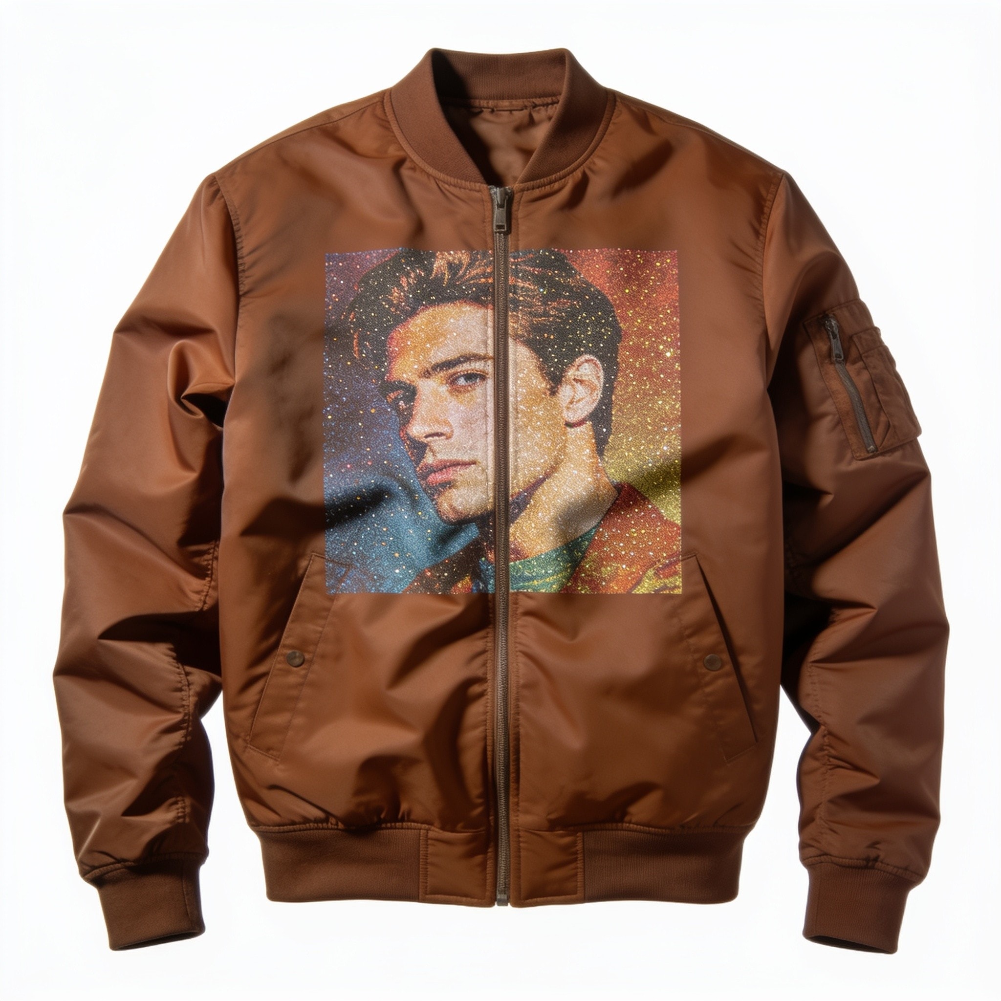 Brown Glitter Print Men's Bomber Jacket - Premium Polyester Blend