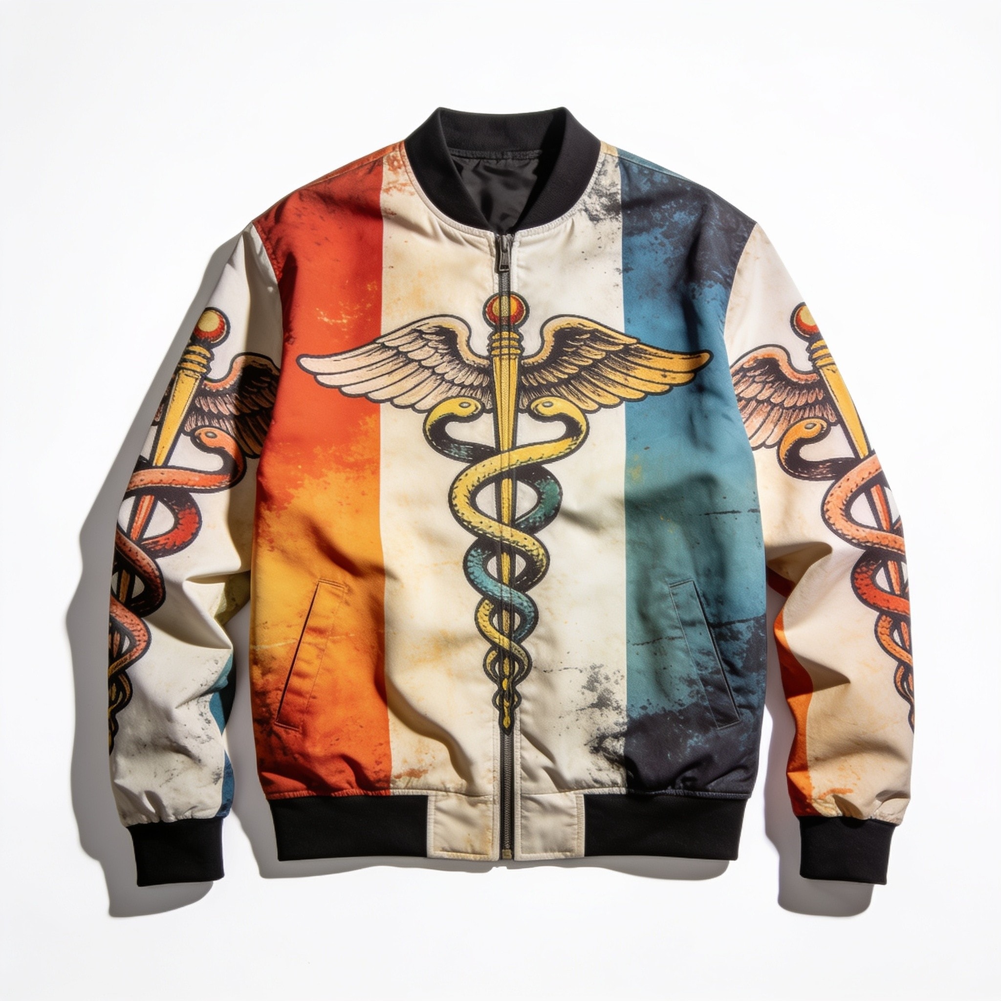 Caduceus Pattern Print Men's Bomber Jacket - Premium Polyester Blend
