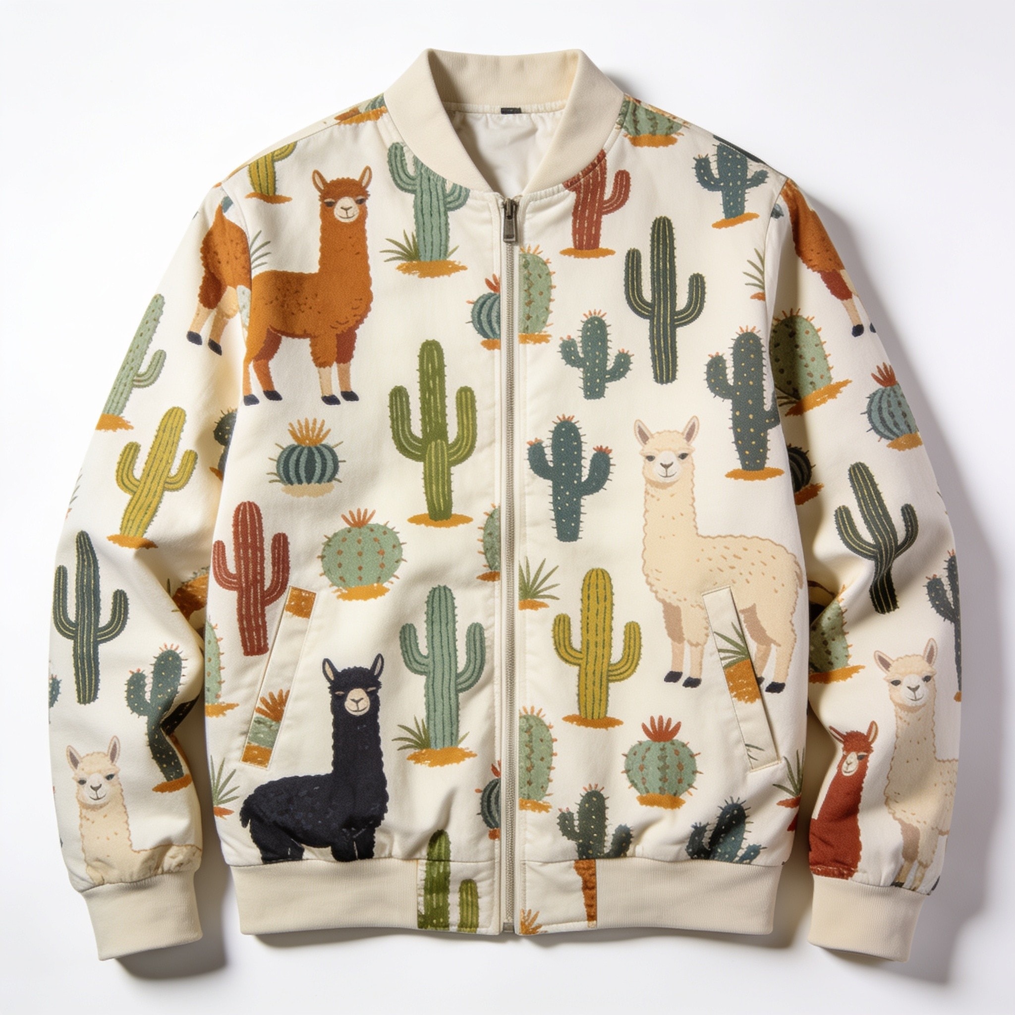 Cactus And Llama Pattern Print Men's Bomber Jacket