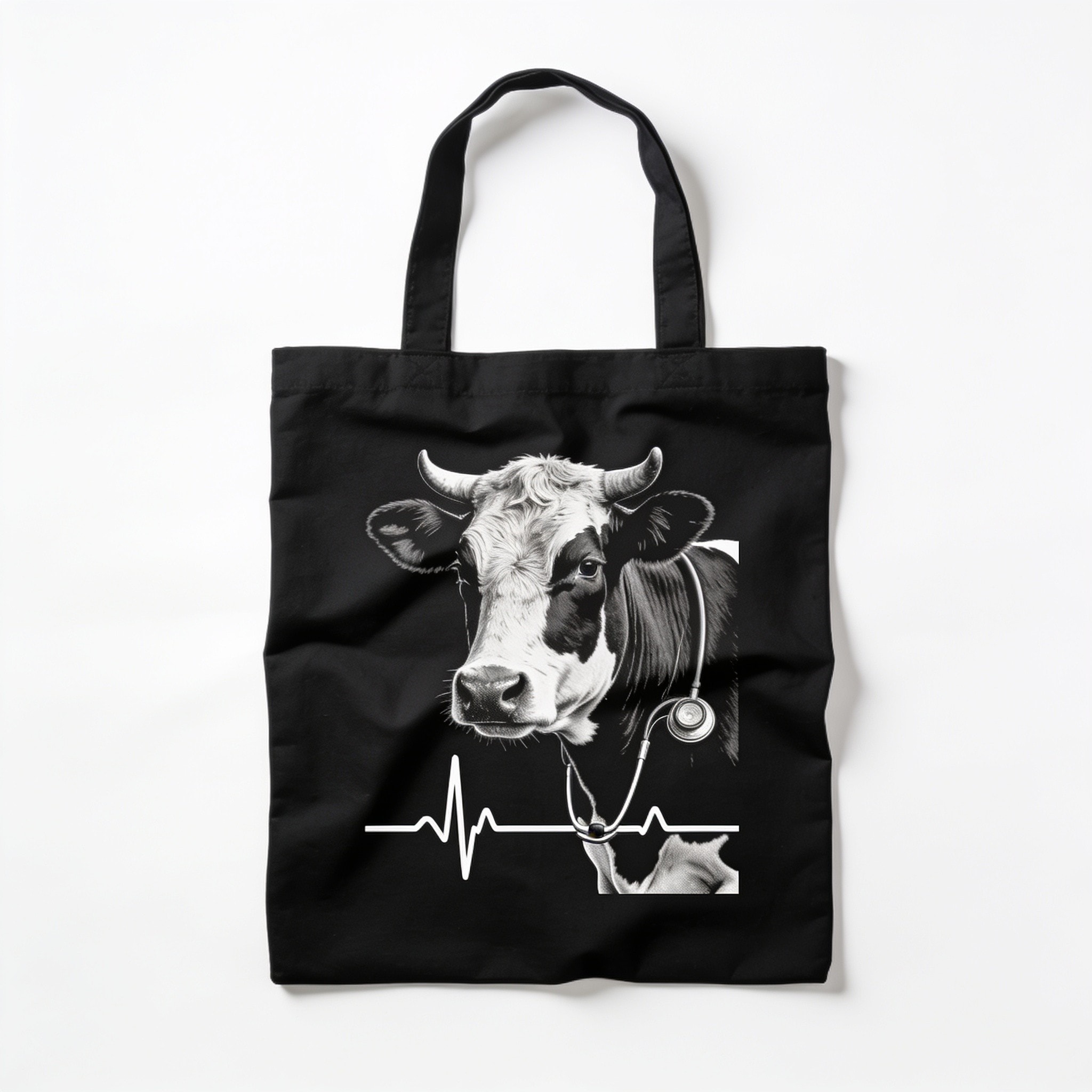 Cow Pulse Cotton Tote Bag - Large Animal Vet Design, 100% Cotton Canvas, 15.5x14.5 inches